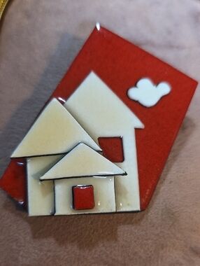 Vintage Enamel "House Pin" By Lucinda - Cream & Red